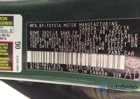 2015 Toyota Corolla Le z USA, uszkodzony, nr VIN 2T1BURHE3FC230907